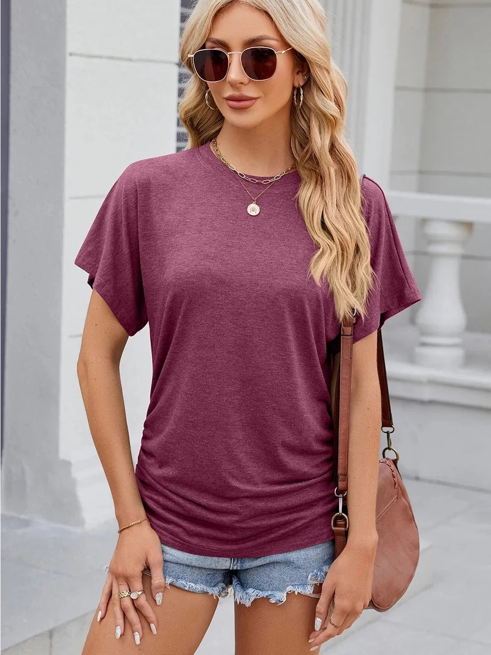 Everyday Soft Plum Crewneck Short Sleeve Tee with Ruched Side Details Size Small